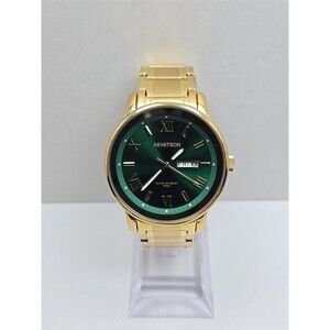 Armitron Mens Gold Tone Green Dial Day Date Quartz Watch 20/4935GP New Battery